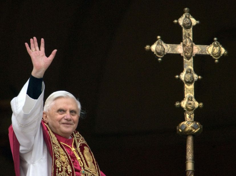 Benedict waves from the main balcony of St. Peter's Basilica after he was elected to be the new pope on April 19, 2005.