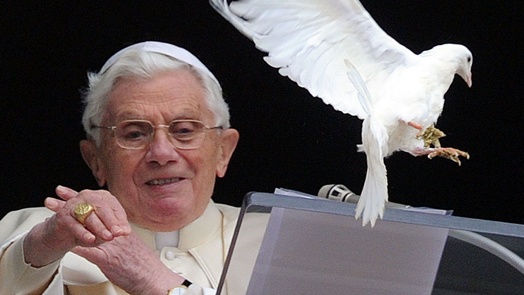 Benedict releases a dove from the window of his apartment in St. Peter's Square at the end of a Sunday Angelus prayer in January 2012.