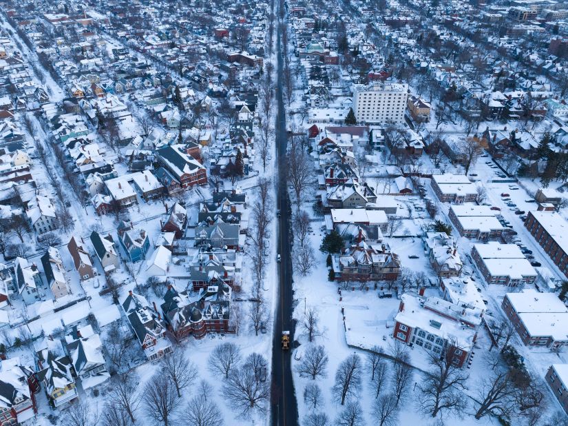 Snow blankets buildings in Buffalo, New York, on Wednesday, December 28.