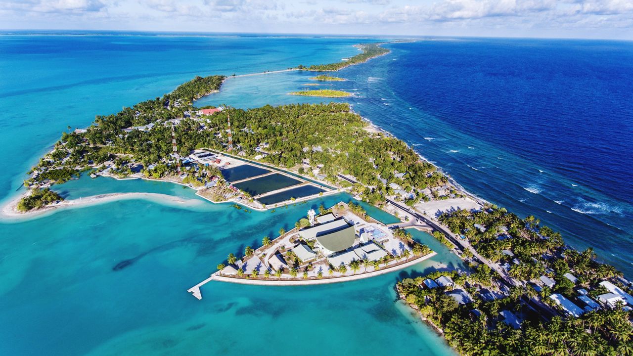 An aerial view of Tarawa, the capital of exotic Kiribati.