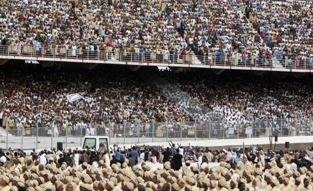 The Pope arrives to celebrate Mass in Yaounde, Cameroon, in March 2009.