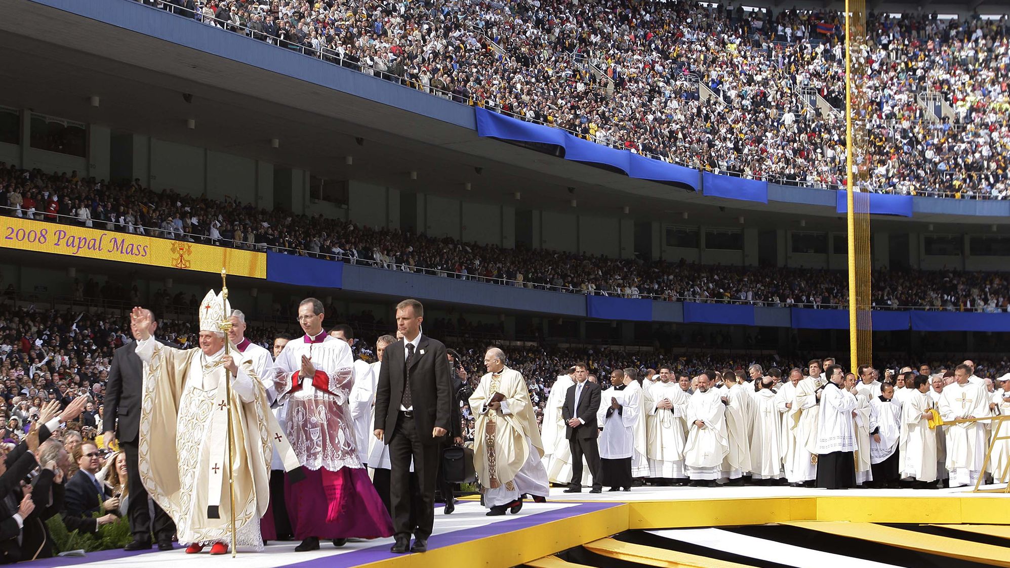 Benedict arrives to celebrate Mass at New York's Yankee Stadium in April 2008. During his trip to the United States, he also visited the White House and spoke to the United Nations General Assembly.