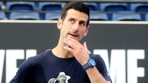 Novak Djokovic talks to the media after a practice session ahead of the 2023 Adelaide International.