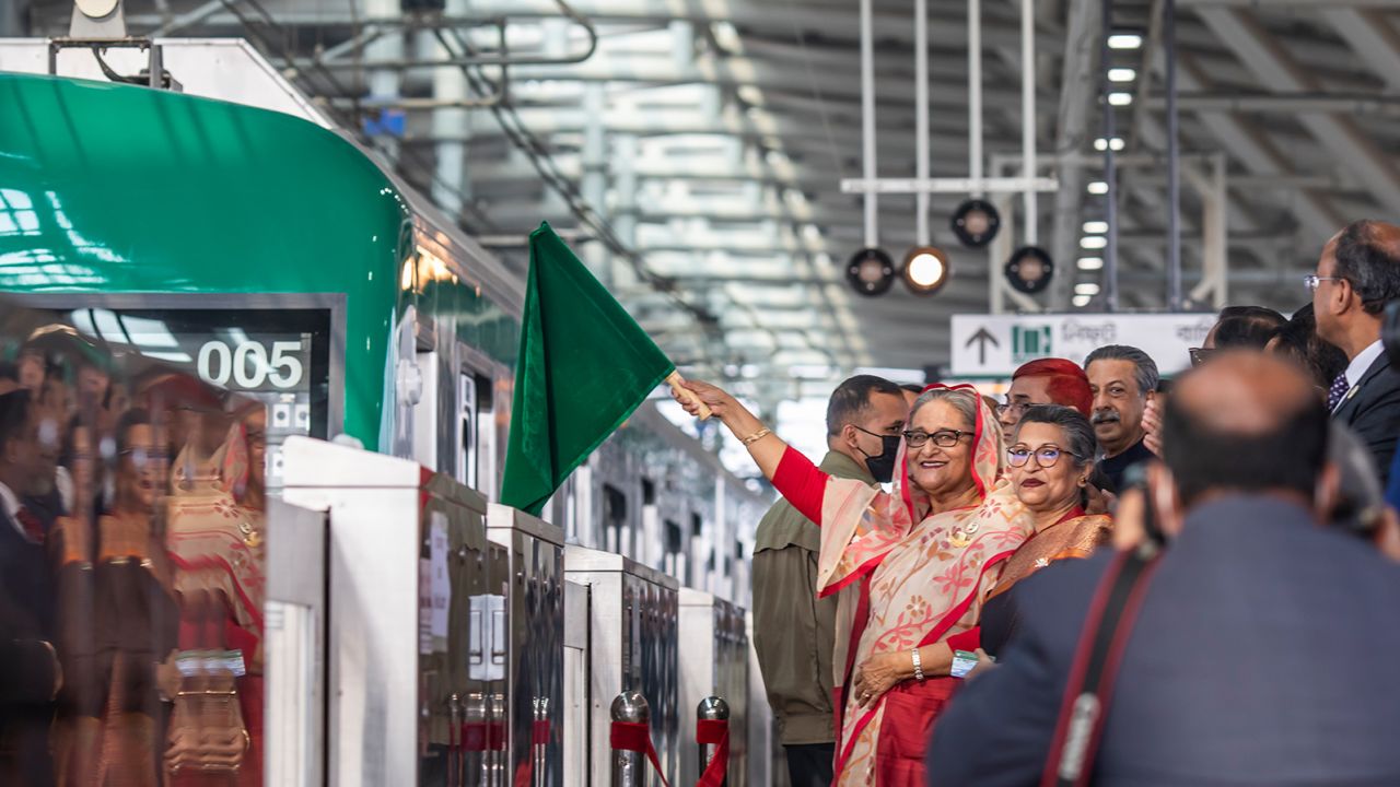 Bangladeshi Prime Minister Sheikh Hasina flags off the first metro rail trip in Dhaka on December 28, 2022.