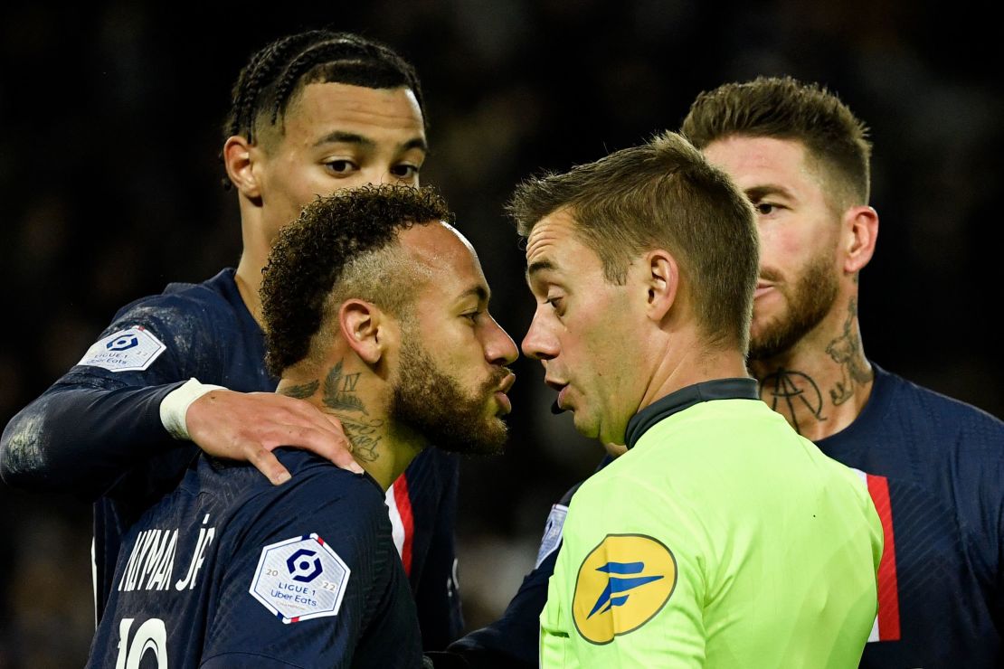 PSG forward Neymar reacts after receiving a red card from referee Clement Turpin on Wednesday. 