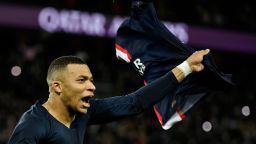 Paris Saint-Germain's French forward Kylian Mbappe celebrates after scoring a penalty during the French L1 football match between Paris Saint-Germain FC and RC Strasbourg Alsace at The Parc des Princes stadium in Paris on December 28, 2022. (Photo by JULIEN DE ROSA / AFP) (Photo by JULIEN DE ROSA/AFP via Getty Images)