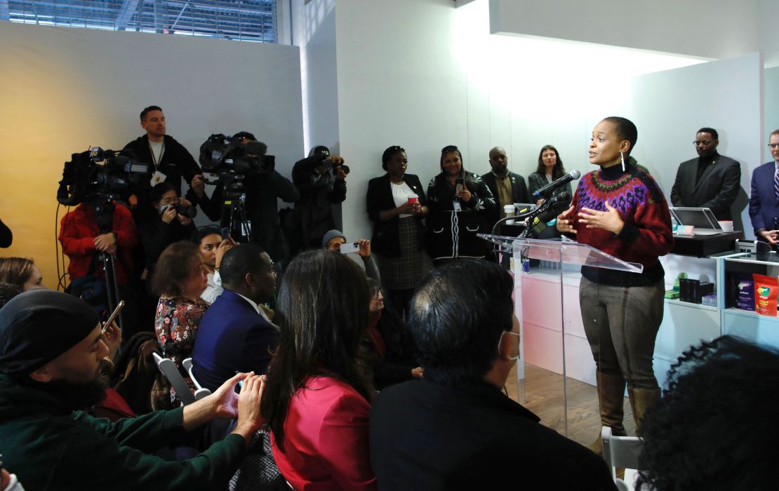 Tremaine Wright, chairwoman of the New York State Cannabis Control Board, speaks during the opening of the first legal cannabis dispensary in New York City, on December 29, 2022. 