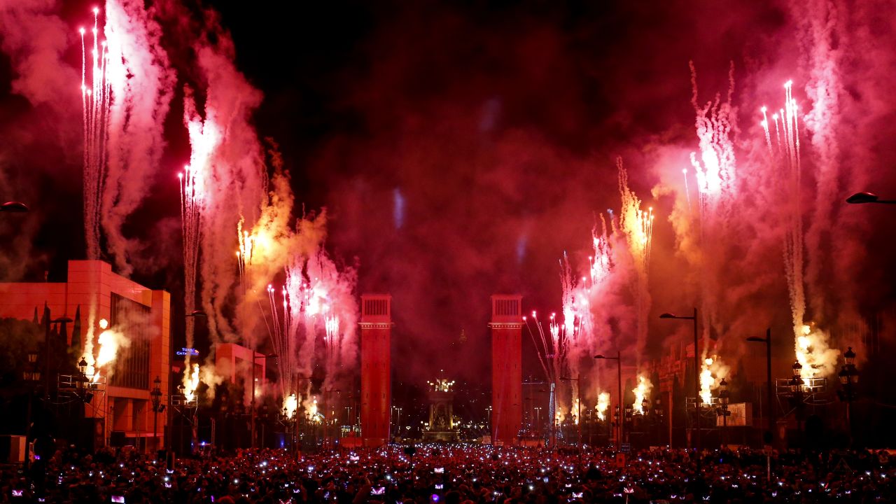 New Year's Eve fireworks light up in Barcelona, Spain, on December 31, 2016. 