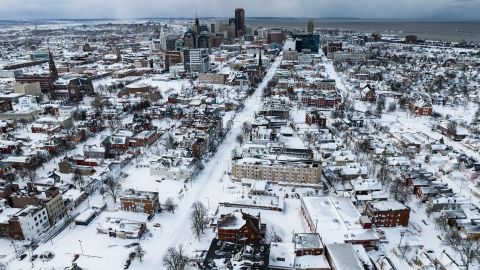 Snow blankets Buffalo in this aerial drone photograph from December 25, 2022. 