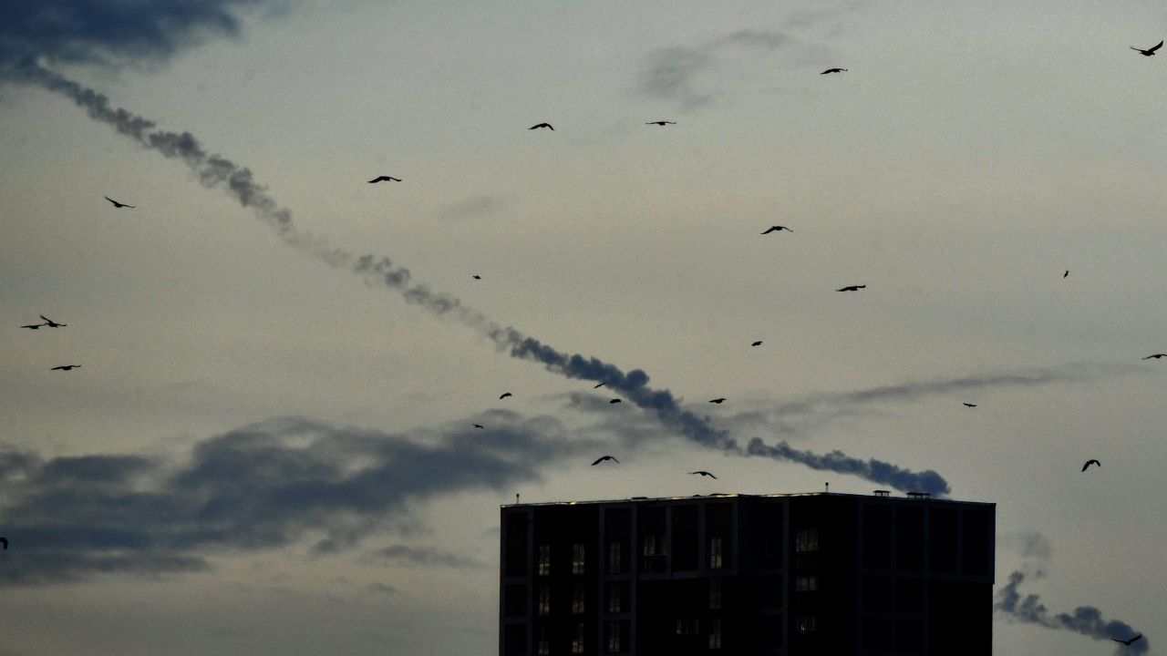 Missiles contrails seen in the sky over Kyiv amid a wave of Russian attacks.
