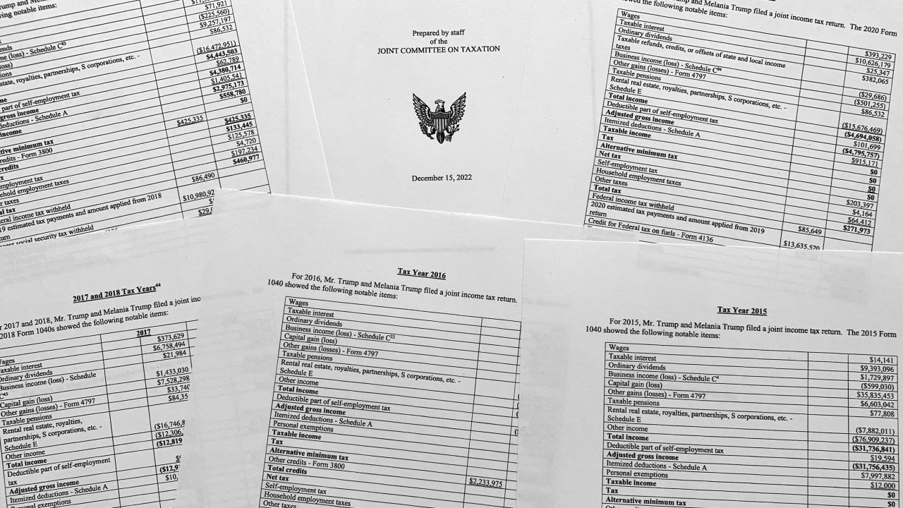 Information on former President Donald Trump's tax returns, released in a staff report by the Joint Committee on Taxation, are photographed Wednesday, Dec. 21, 2022. (AP Photo/Jon Elswick)