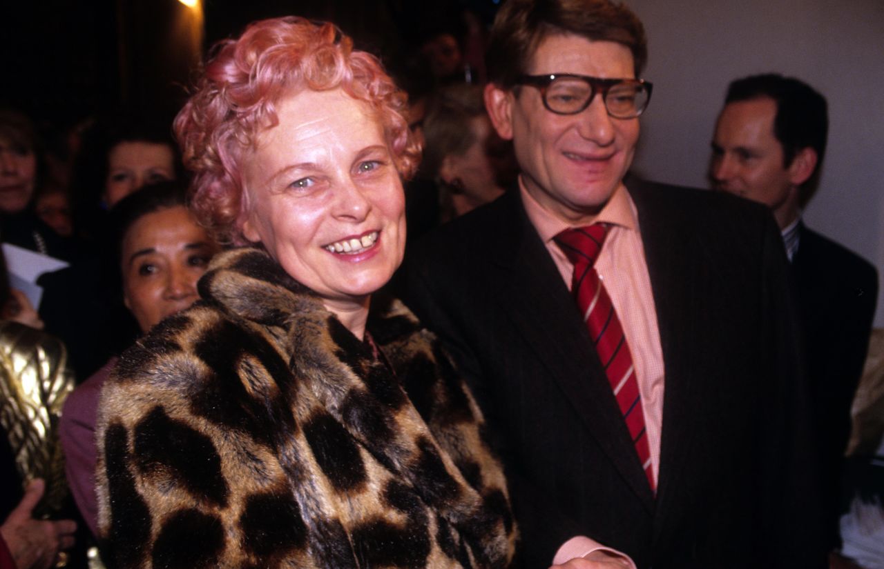 Vivienne Weswood and Yves Saint Laurent backstage at the YSL High Fashion Show Spring-Summer 1992 show in Paris, France.