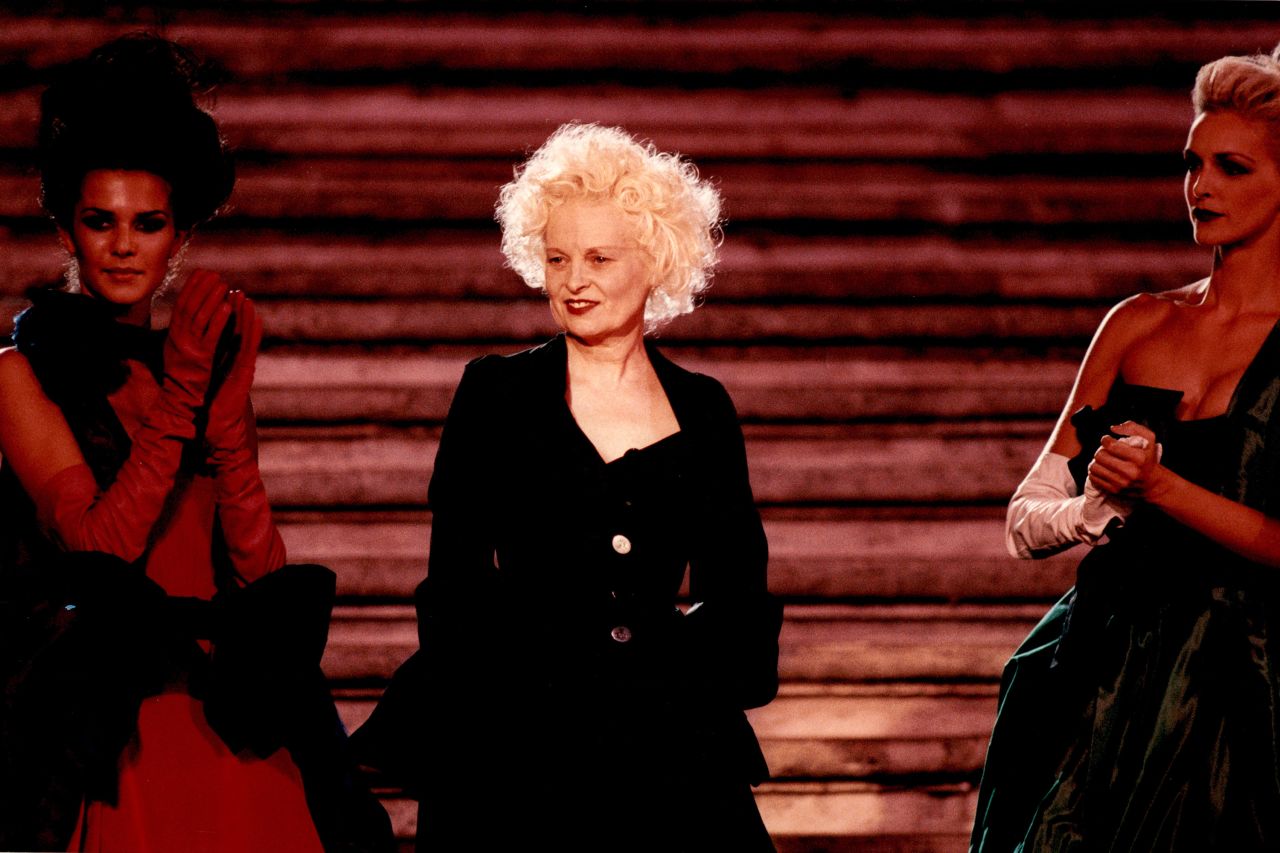 Westwood attend the High Fashion Fall-Winter 1996/97 "Donna Sotto Le Stelle" (Women Under the Stars) show at the steps of Trinita dei Monti on July 17, 1996 in Rome, Italy.