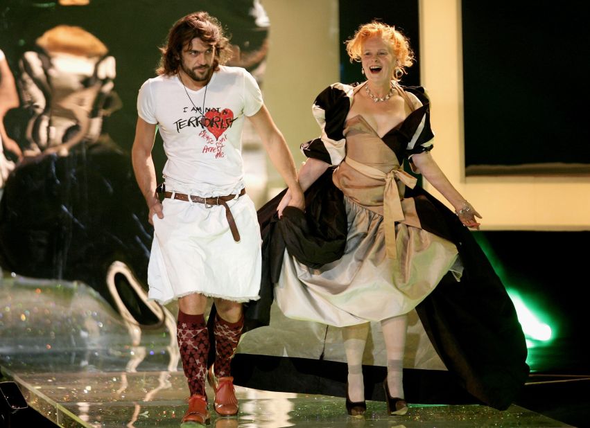 Designer Vivienne Westwood and her then boyfriend Andreas Kronthaler perform on stage at the Swarovski Fashion Rocks for The Prince's Trust event at the Grimaldi Forum on October 17, 2005 in Monte Carlo, Monaco. 