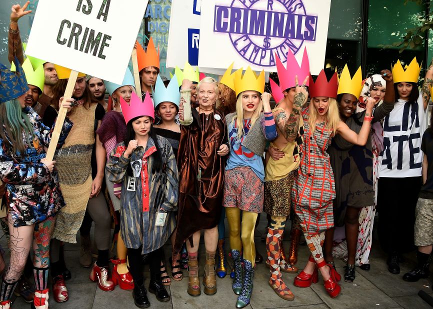 Vivienne Westwood (center) and her 'Fash Mob' prior to the Vivienne Westwood Red Label show during London Fashion Week Spring-Summer 2016 on September 20, 2015 in London, England.