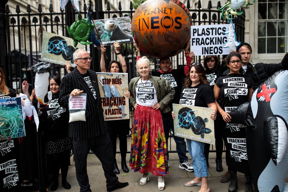 Westwood (center) and her son Joe Corre (2nd left) stage an anti-fracking protest with campaigners outside Downing Street on June 5, 2018 in London, England. 