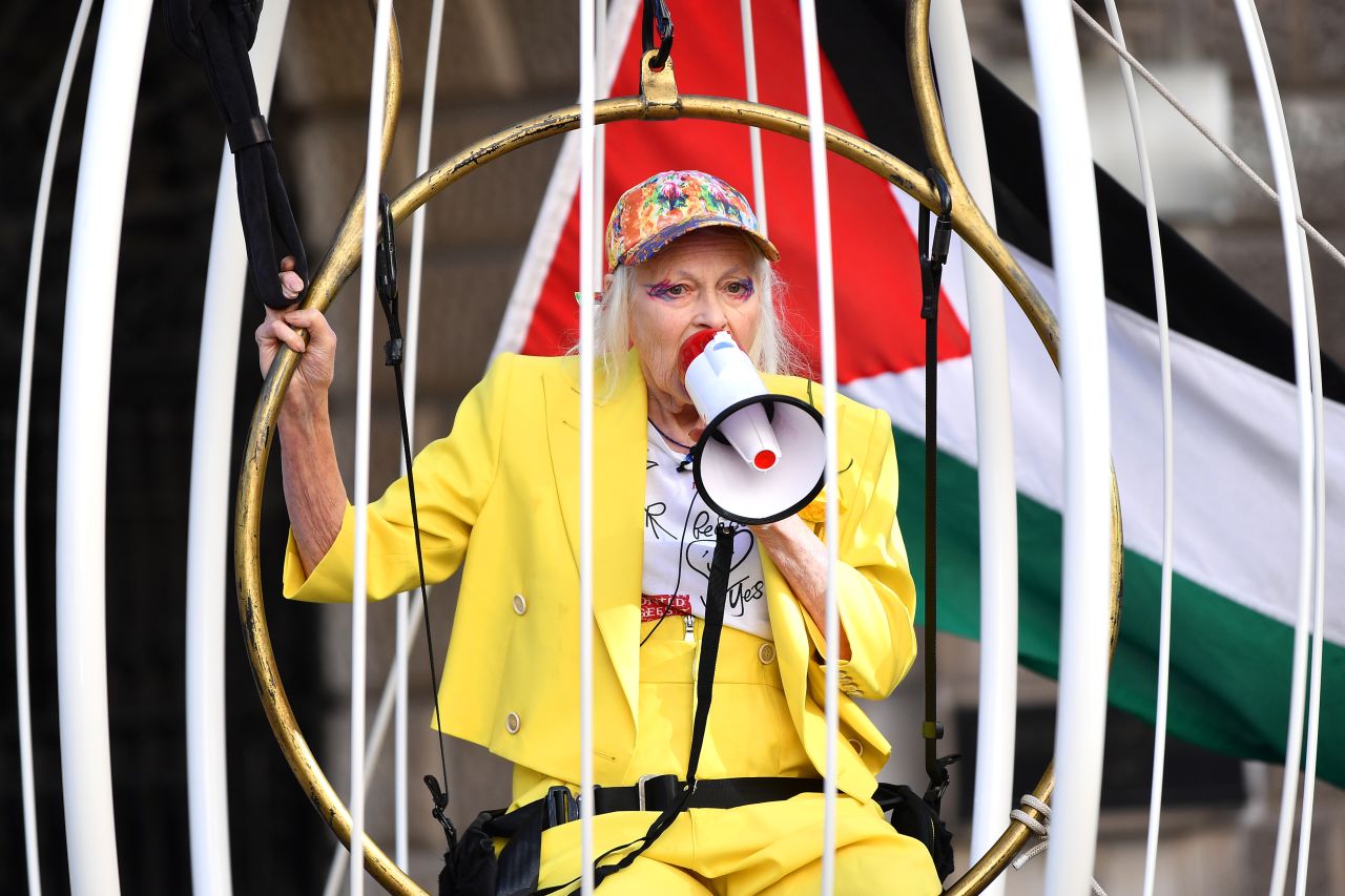 Westwood suspended ten feet high inside a giant bird cage in protest for Julian Assange at Old Bailey on July 21, 2020 in London, England. 
