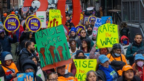 RaiseUpNY Coalition, including the Laborers Internation Union 79 and 32BJ SEIU, hold a rally at City Hall Park to fight for a higher minimum wage in Manhattan, New York, on November 15, 2022.