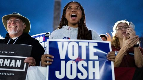 Rallygoers cheer for Democratic Senate candidate John Fetterman during an event with Shapiro in Newtown, Pennsylvania, on November 6, 2022.