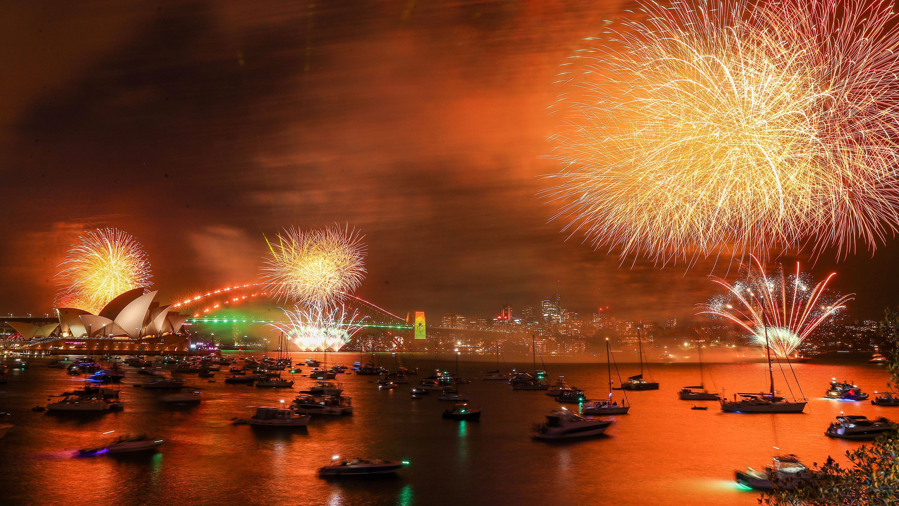 Fireworks light up the sky over Sydney Harbor in Australia.