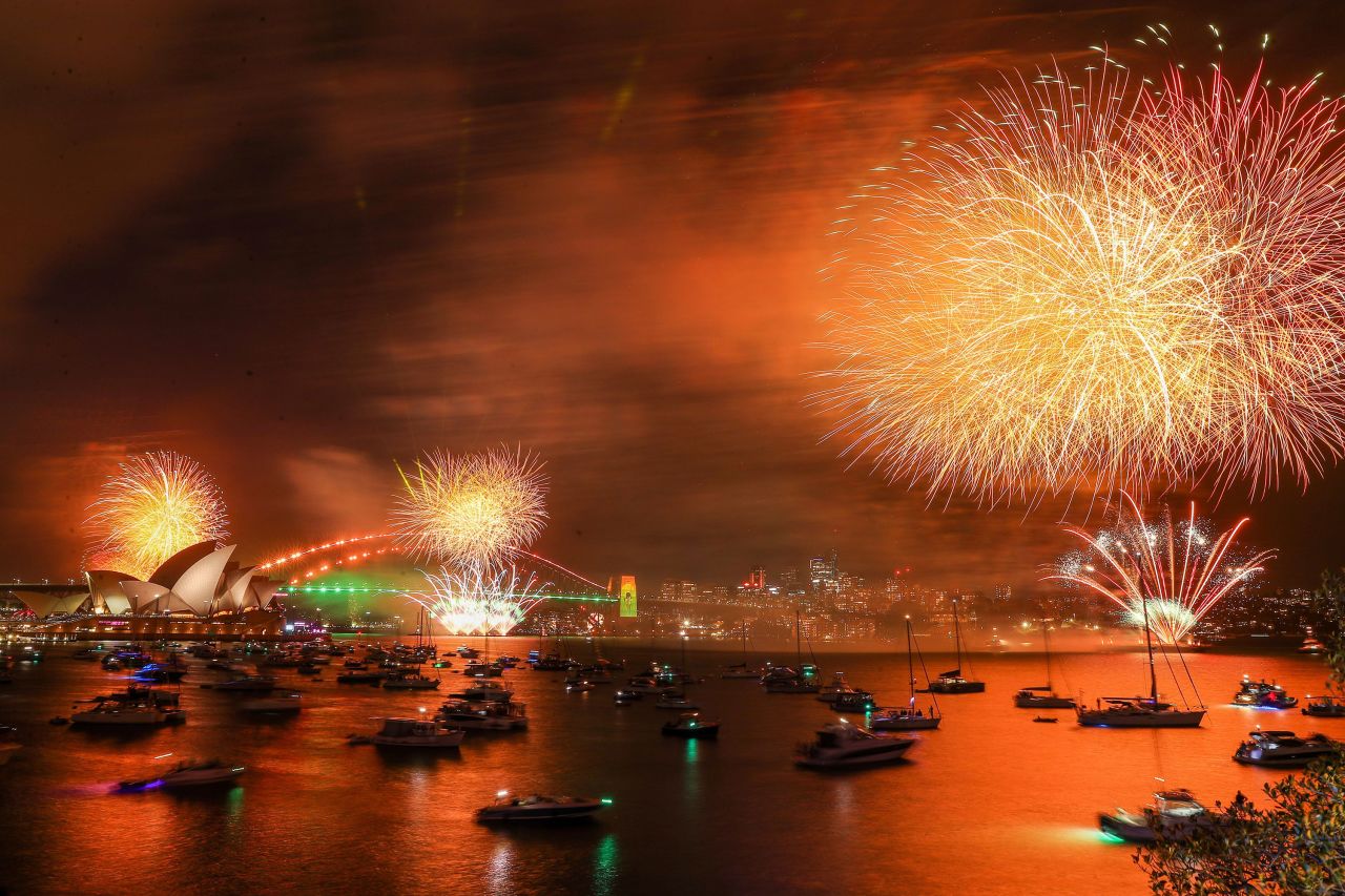 Fireworks light up the sky over Sydney Harbor in Australia.