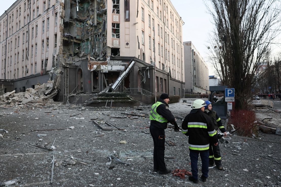 Rescuers worked at the site of explosions in Kyiv.