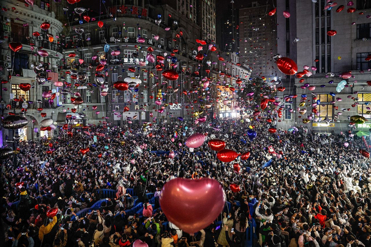 Revelers release balloons to celebrate the new year in Wuhan, China.
