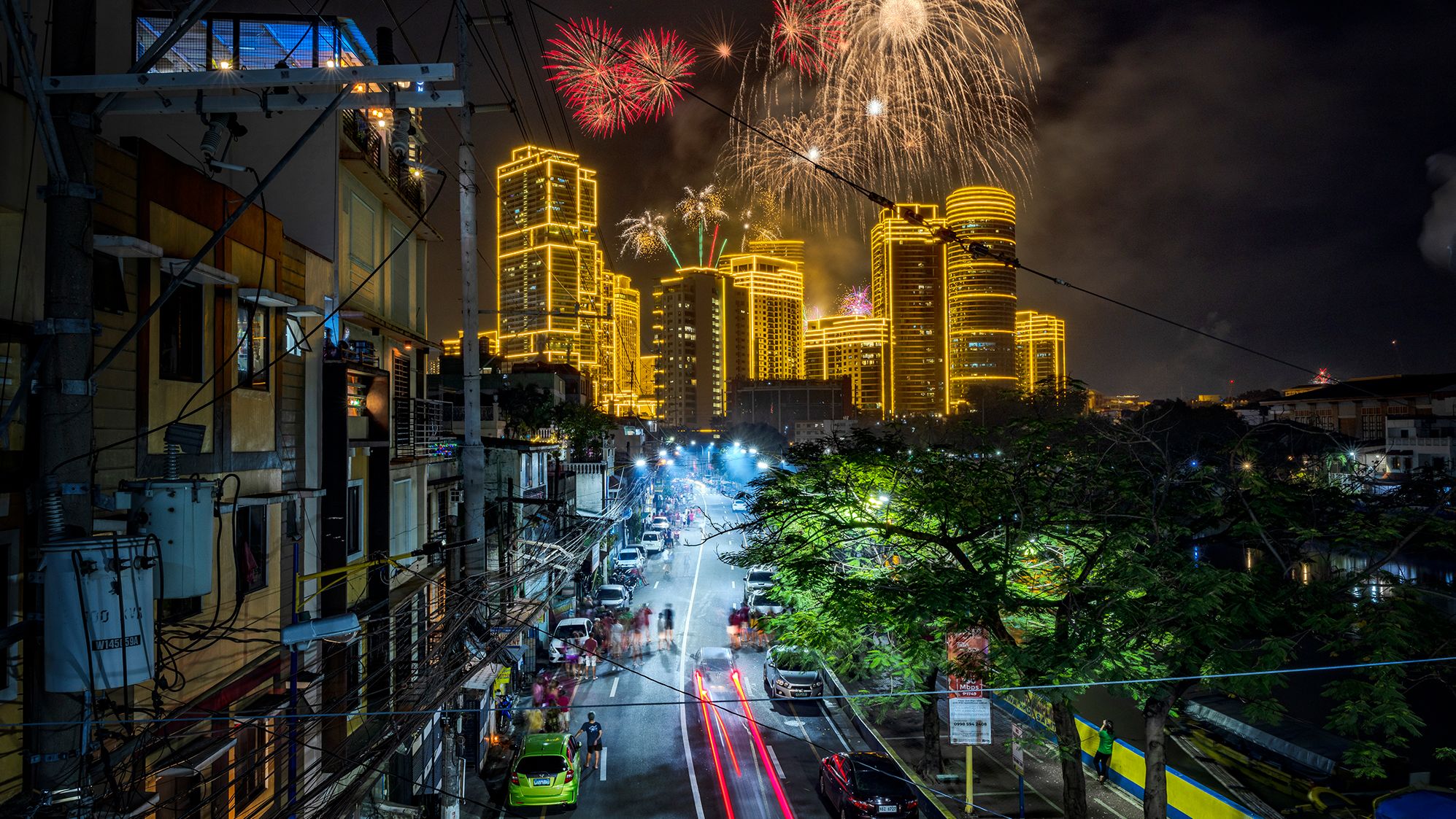 Fireworks explode in Makati, Philippines.