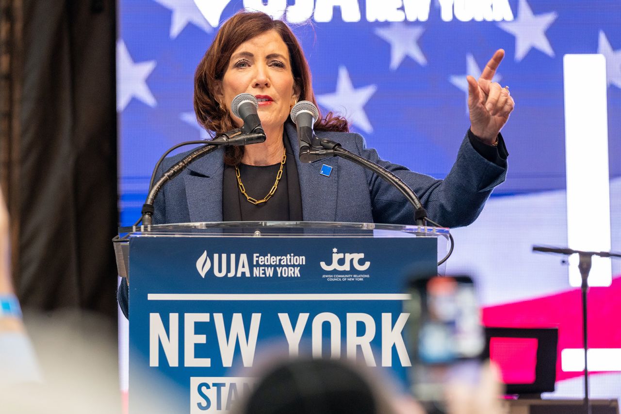 New York Governor Kathy Hochul speaks at a vigil and rally on October 10 in New York City.