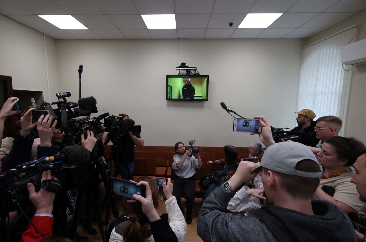 Russian opposition leader Alexei?Navalny?is seen on a screen via video link from a penal colony during a hearing at the Basmanny district court in Moscow on Wednesday. 