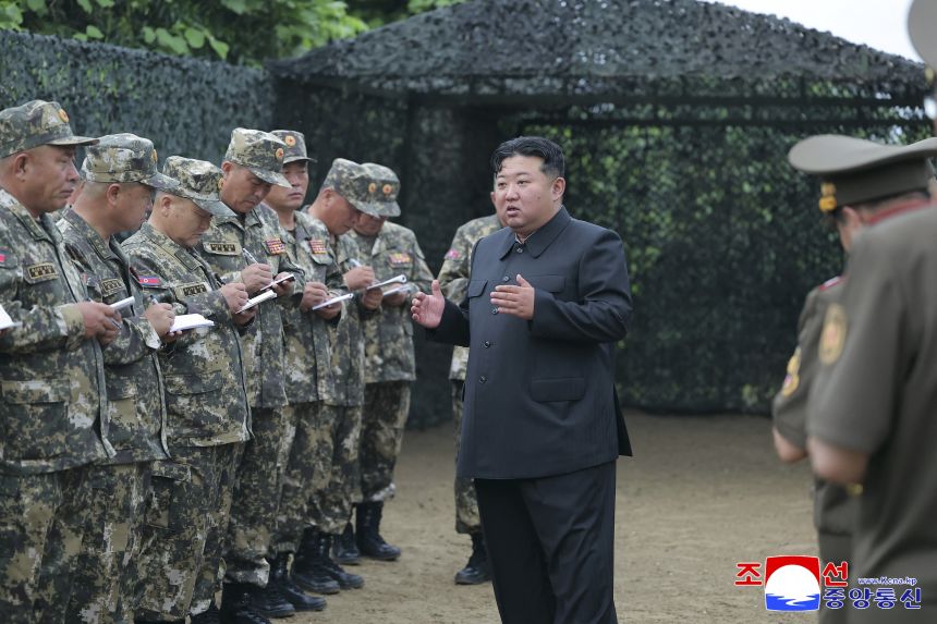North Korean leader Kim Jong Un instructs soldiers at a firing contest among army sub-units on July 23, 2025, in a photo released by the official Korean Central News Agency.