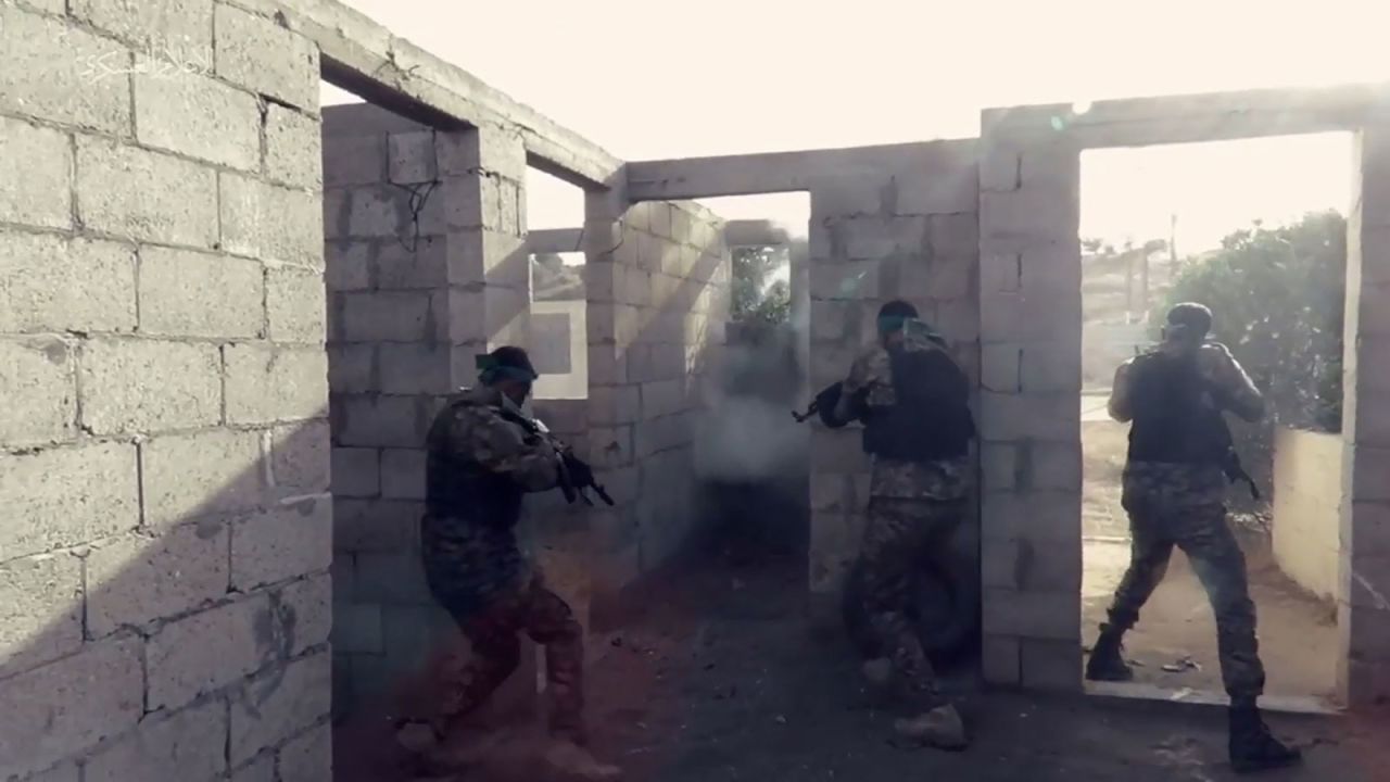 A still from a video shows Hamas militants training in Gaza.