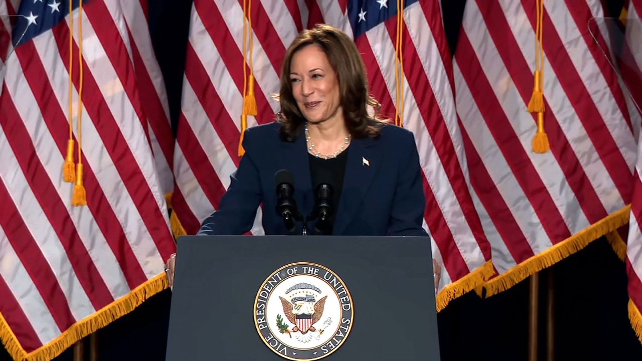 Vice President Kamala Harris takes the stage at a campaign rally in Milwaukee, Wisconsin on Tuesday, July 23.