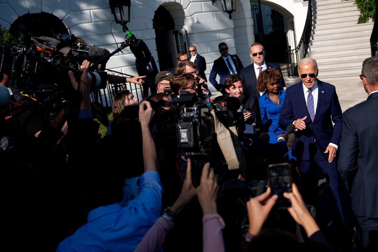 President Joe Biden stops to speak to members of the media before boarding Marine One on the South Lawn of the White House on September 10 in Washington, DC. 