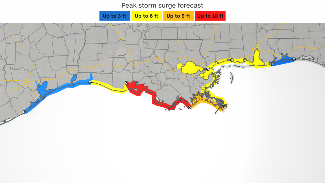 Peak storm surge expected from Hurricane Francine.