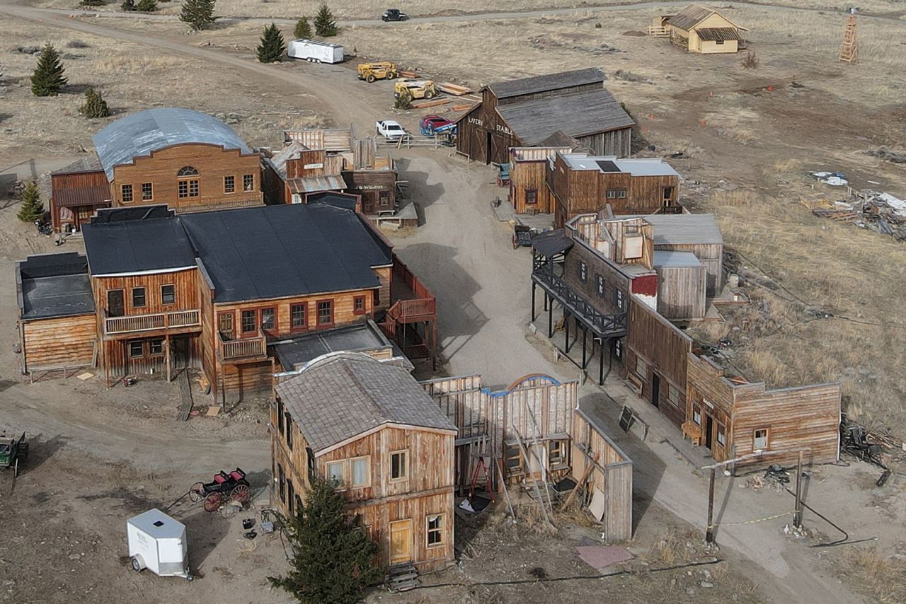 Buildings used on the set of the movie "Rust" are seen after filming resumed in Livingston, Montana, on April 22, 2023.?