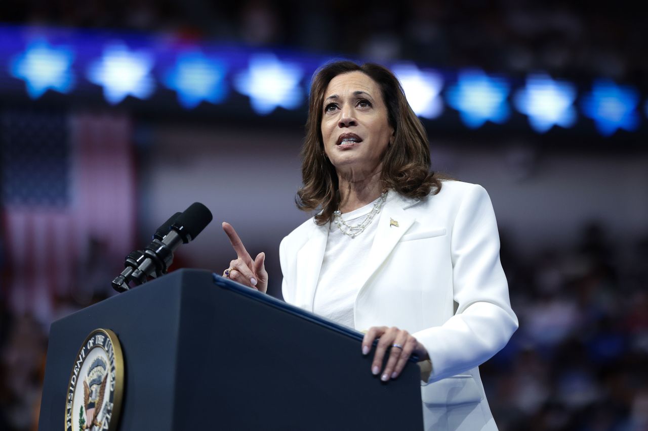 Vice President Kamala Harris speaks at a campaign rally in Savannah, Georgia on August 29.