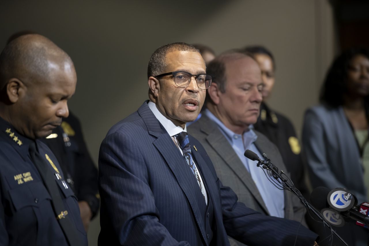 Detroit Police Chief James Craig, center, speaks to the media at Detroit Public Safety Headquarters in Detroit on November 21, 2019.