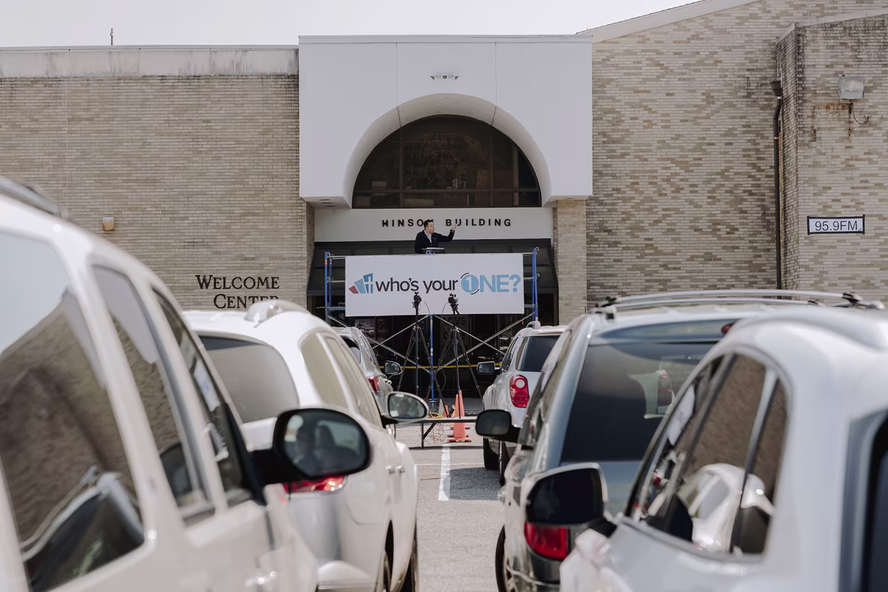 The pastor of First Baptist Church leads a drive-in church service in West Memphis, Arkansas, on April 5. 