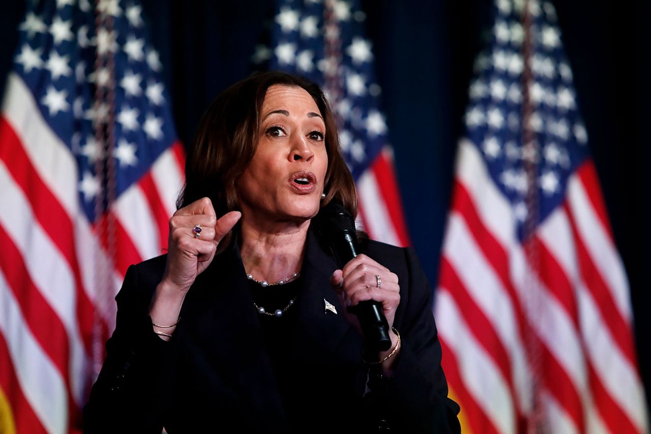 Vice President Kamala Harris speaks during a campaign event on Wednesday, July 17, in Kalamazoo, Michigan. 