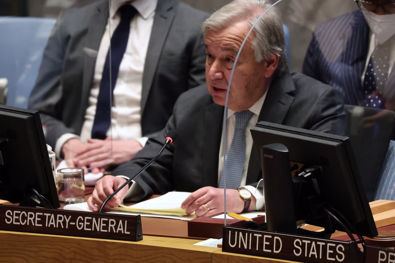 UN Secretary-General António Guterres addresses the Security Council in New York on May 5.