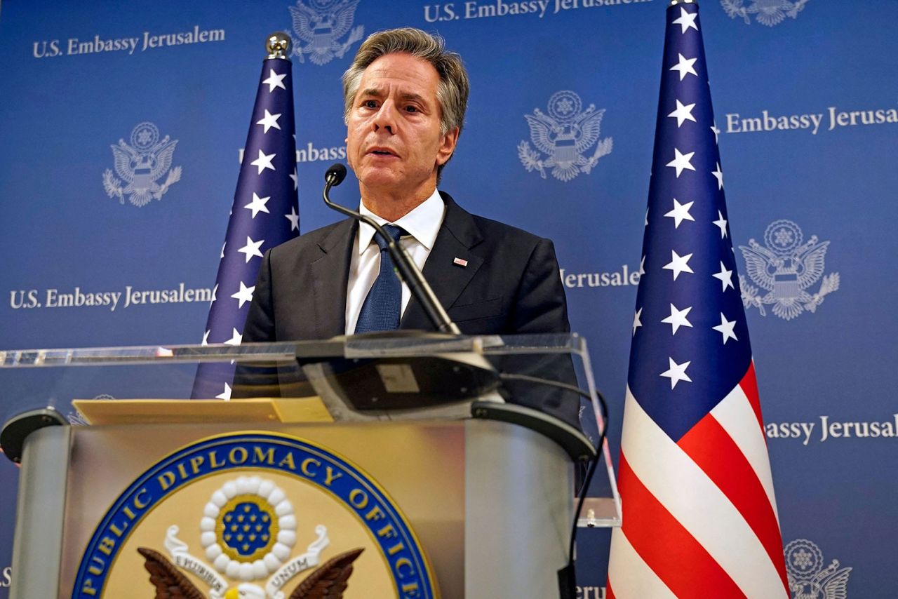 US Secretary of State Antony Blinken speaks during a news conference in Tel Aviv, on October 17, 2023.