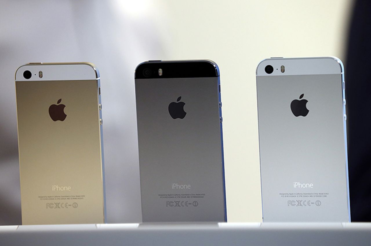 The new iPhone 5S is displayed during an Apple product announcement at the Apple campus on September 10, 2013 in Cupertino, California.