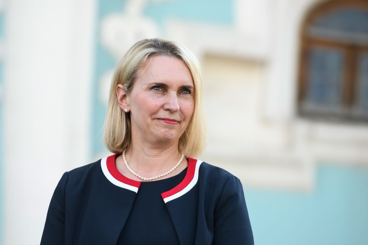 US ambassador to Ukraine Bridget Brink during a news conference at Sofiyska Square in Kyiv, Ukraine, on June 2.