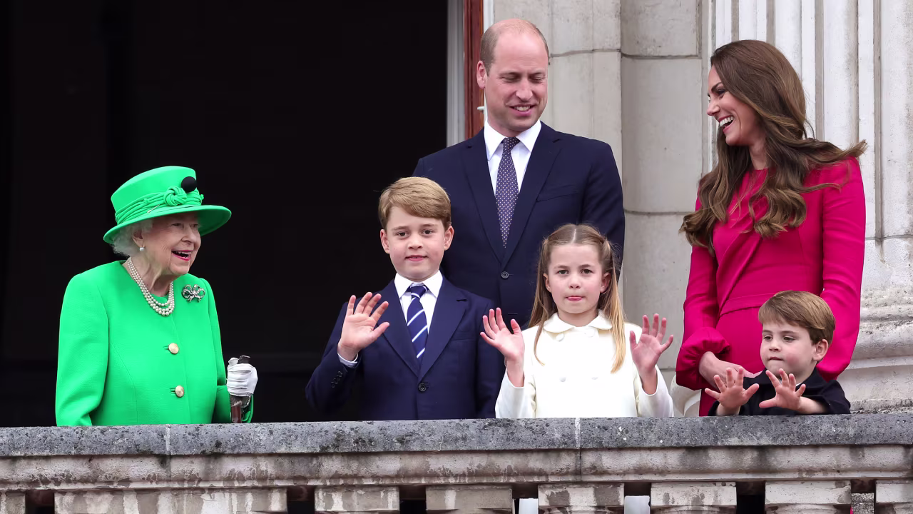 In this photo from June, Queen Elizabeth II joins Prince William; his wife, Catherine; and their three children -- George, Charlotte and Louis -- on the balcony of Buckingham Palace.