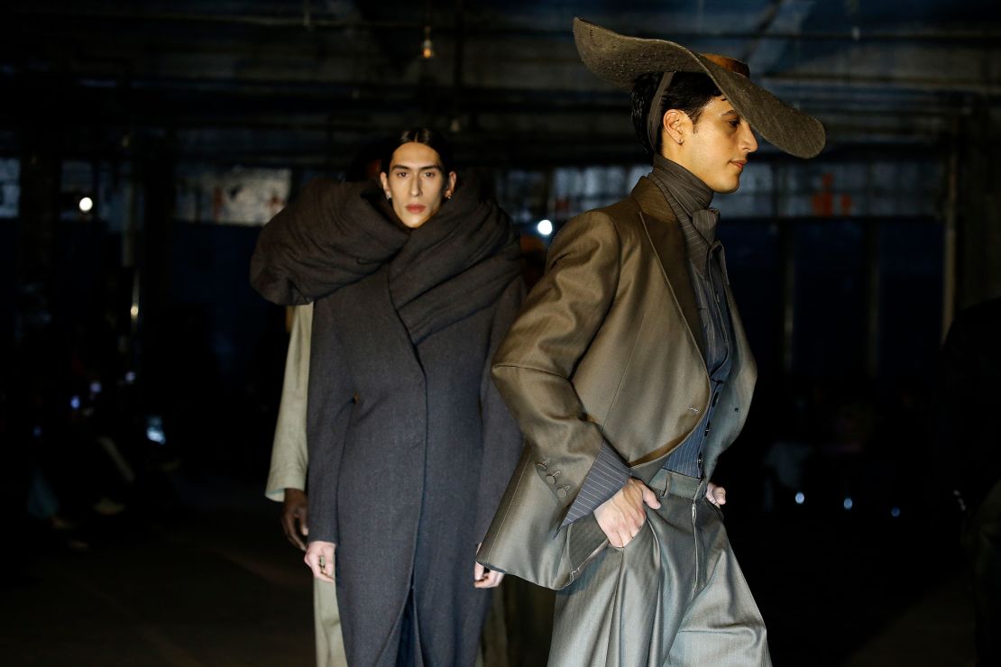 Statement hats and collars at Campillo, which played with exaggerated tailoring and outerwear.