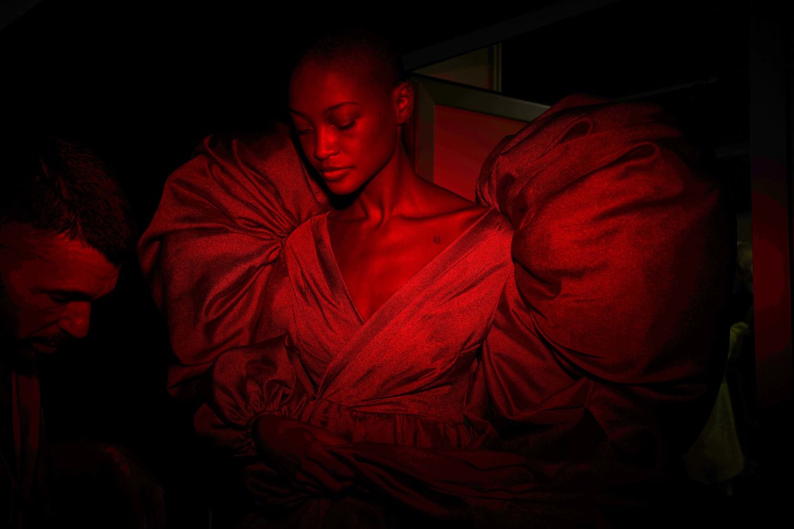 A model appears backstage at a De la Cierva & Nicolás fashion show in Madrid on Friday, September 19.