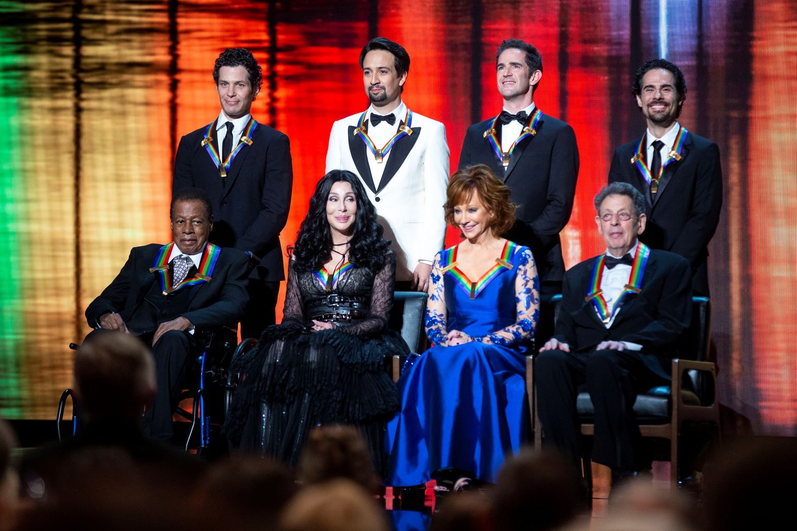 "Hamilton" co-creators Thomas Kail, Miranda, Andy Blankenbuehler and Lacamoire stand behind fellow Kennedy Center honorees Wayne Shorter, Cher, Reba McEntire and Philip Glass in Washington, DC, in December 2018.