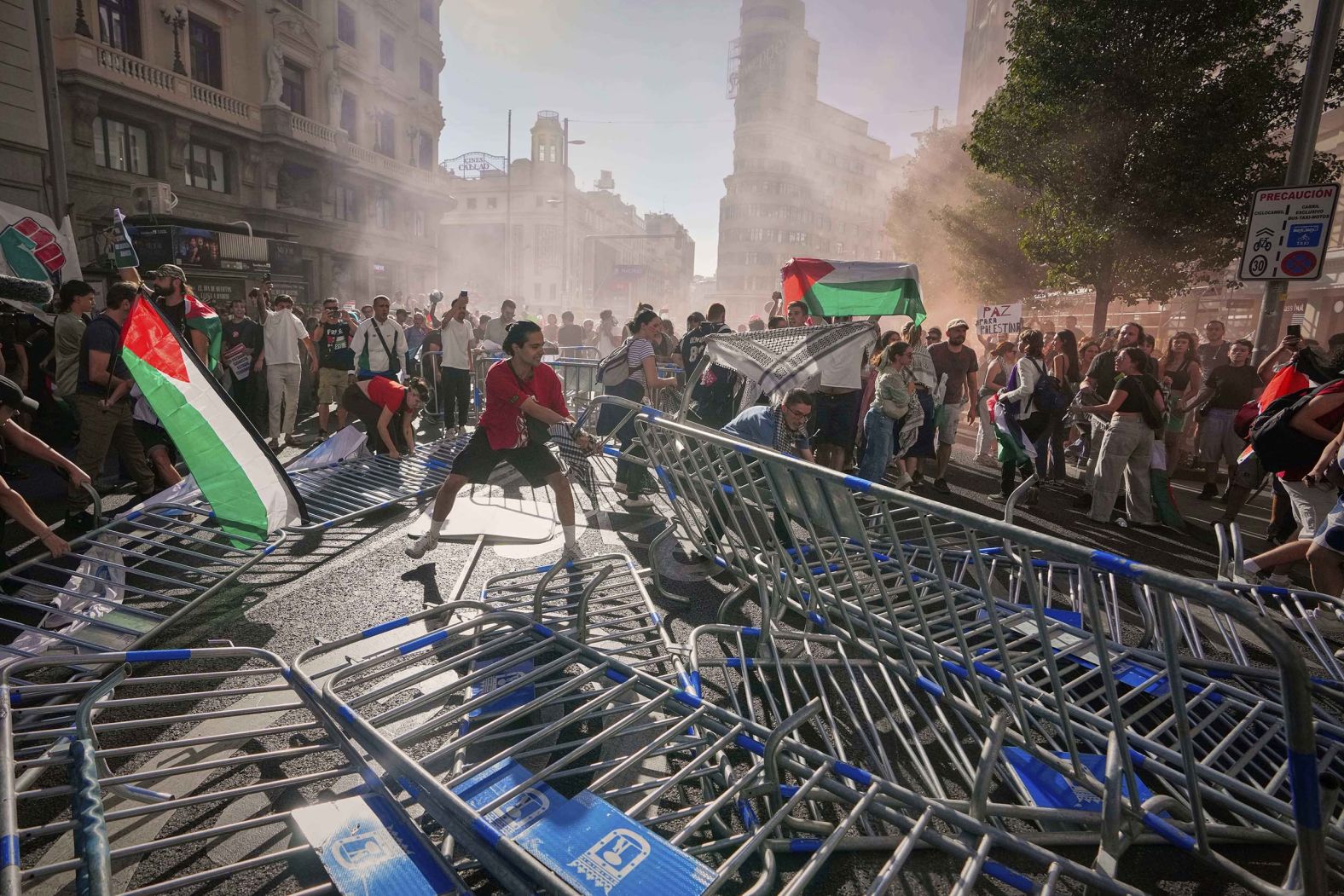 Pro-Palestinian protesters block a road in Madrid to <a href="index.php?page=&url=https%3A%2F%2Fwww.cnn.com%2F2025%2F09%2F14%2Feurope%2Fspain-cycling-protest-vuelta-gaza-israel-latam-intl">disrupt the final stage of the Vuelta a España cycling race</a> on Sunday, September 14.