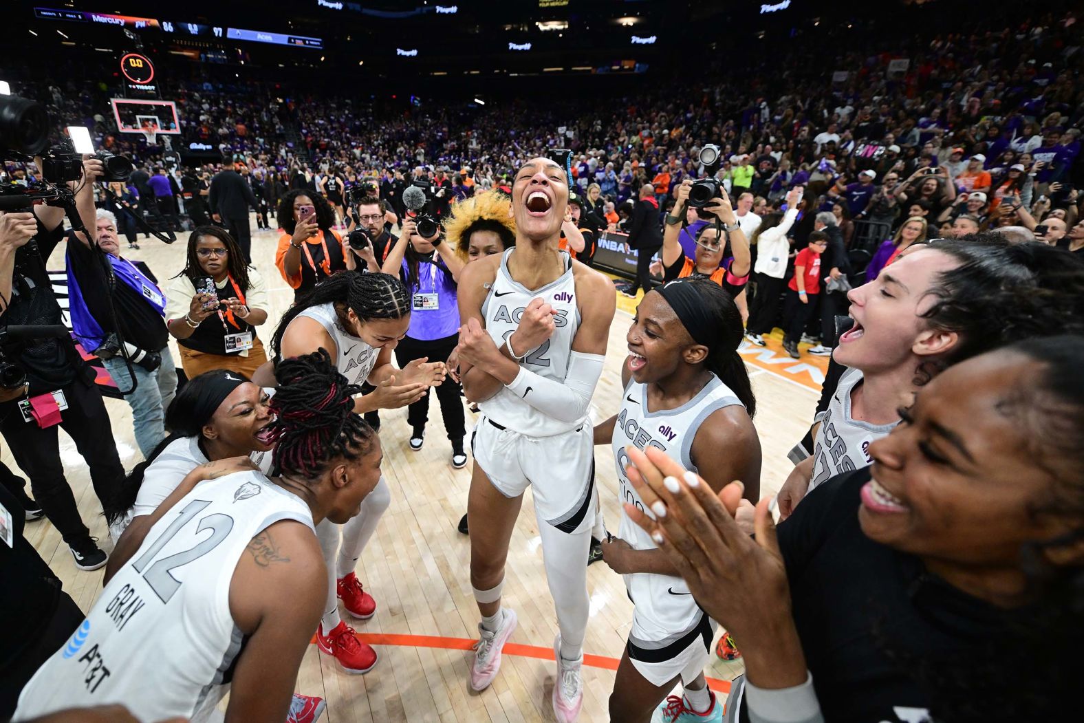 The Las Vegas Aces celebrate after <a href="index.php?page=&url=https%3A%2F%2Fwww.cnn.com%2F2025%2F10%2F10%2Fsport%2Fwnba-finals-aces-championship">winning the WNBA title</a> on Friday, October 10. The Aces swept the Phoenix Mercury in the best-of-seven series to claim their third title in four seasons. Superstar A’ja Wilson, center, was named Finals MVP.